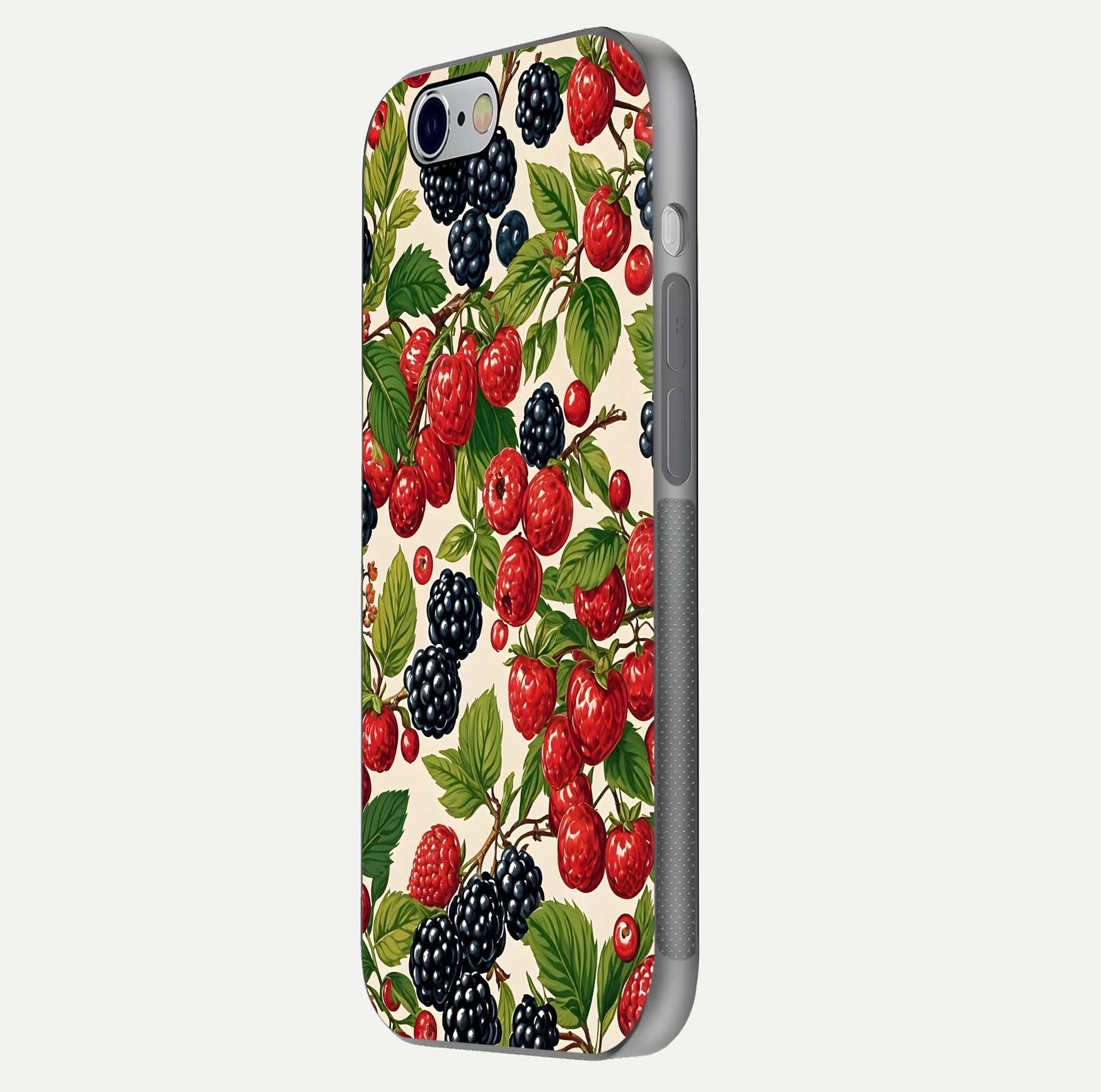 Mixed Berry Collage Glass Case for iPhone 16 Pro side-angle image showing reflection and HD fruit texture