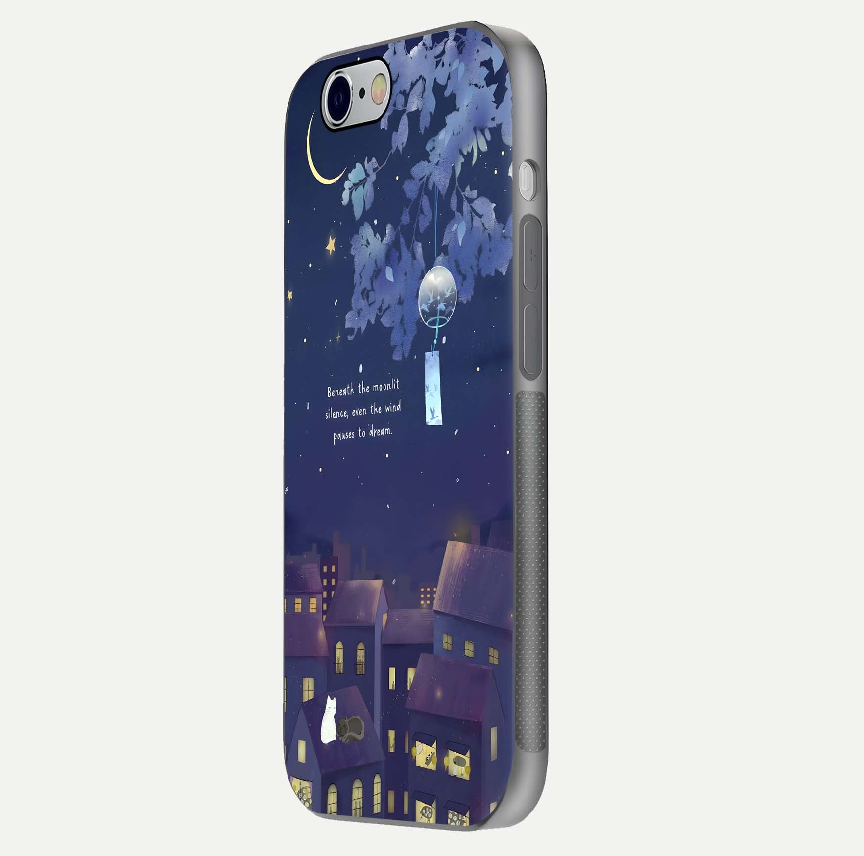 Moonlit Cat Silence Glass Case for iPhone 16 Pro side-angle image showing HD gloss and feline artwork detail