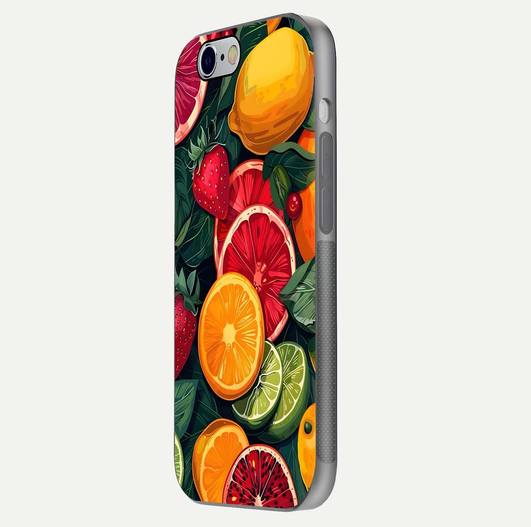 Multiple Fruits Glass Case for iPhone 16 Pro side-angle image showing glossy surface and vivid fruit pattern
