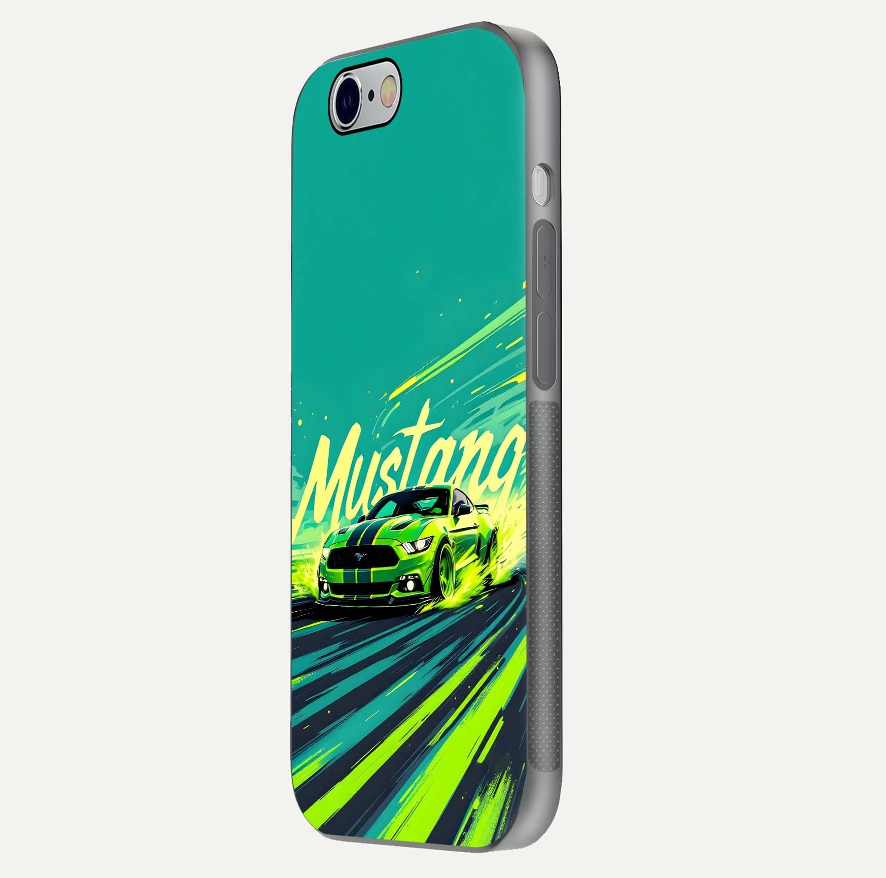 Mustang Bang Glass Case for iPhone 16 Pro side-angle image showing reflection clarity and bold car artwork