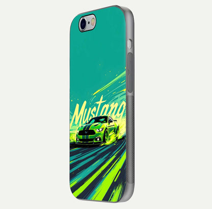 Mustang Bang Glass Case for iPhone 16 Pro side-angle image showing reflection clarity and bold car artwork