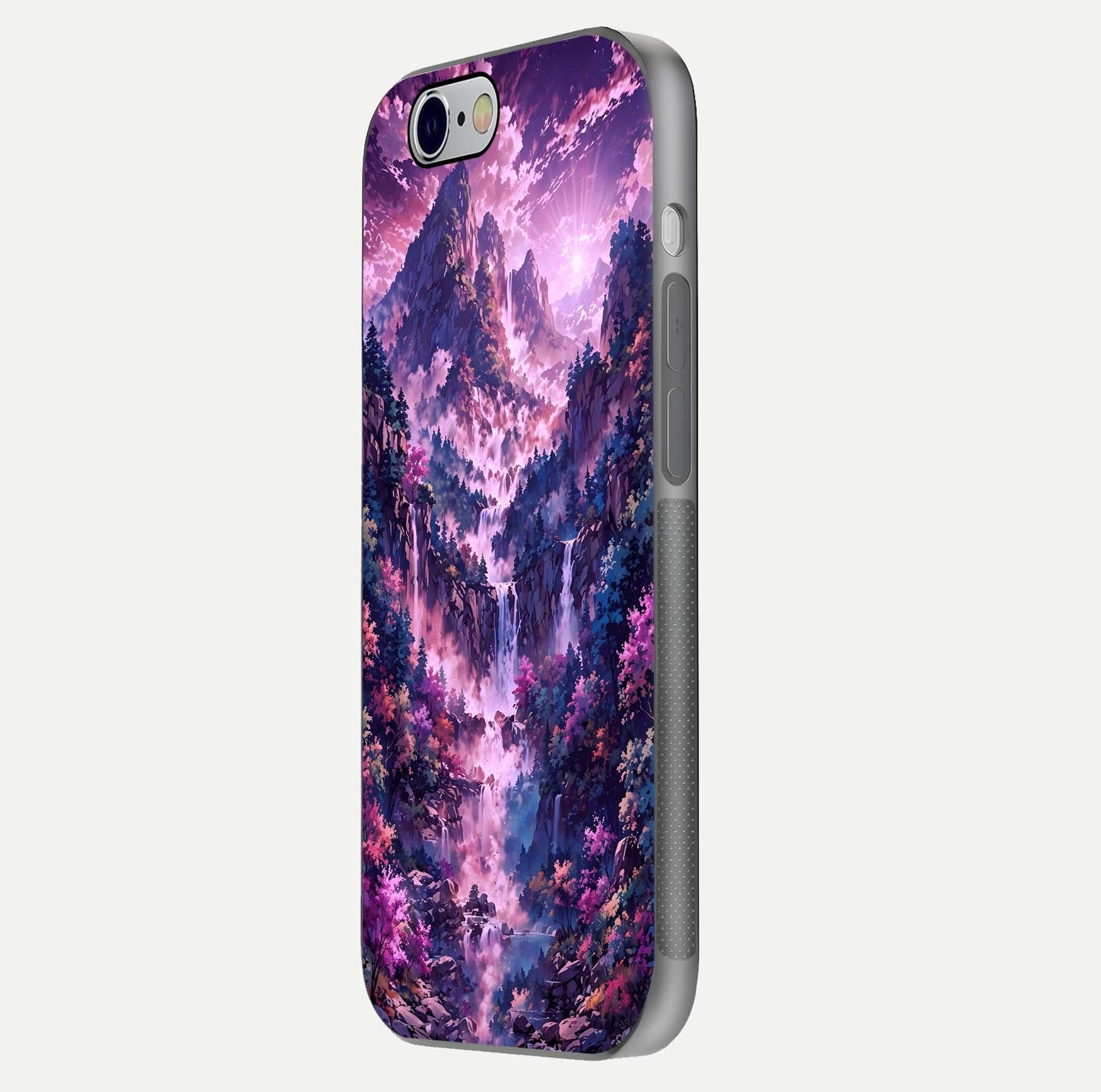 Mystic Cascade Peaks Glass Case for iPhone 16 Pro side-angle image showing reflection and scenic art clarity