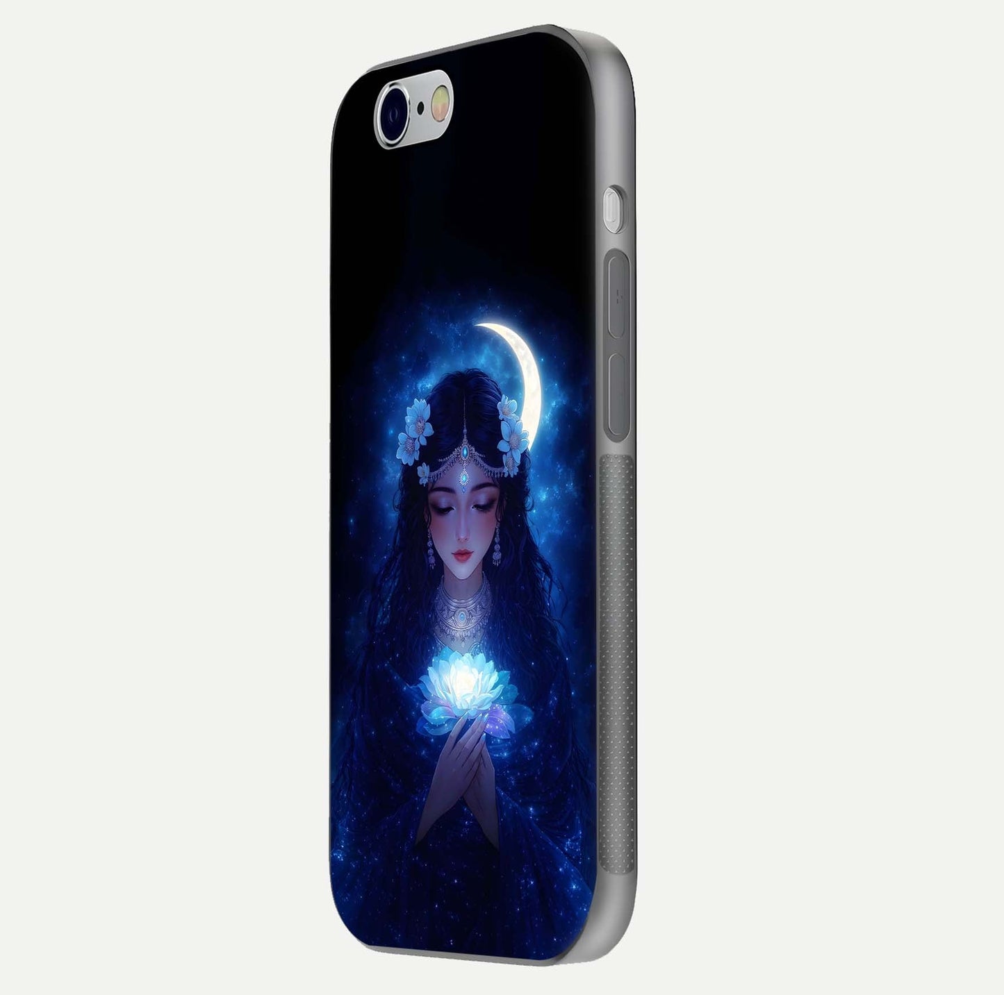 Mystic Moon Queen Glass Case for iPhone 16 Pro side-angle image showing reflection and celestial details