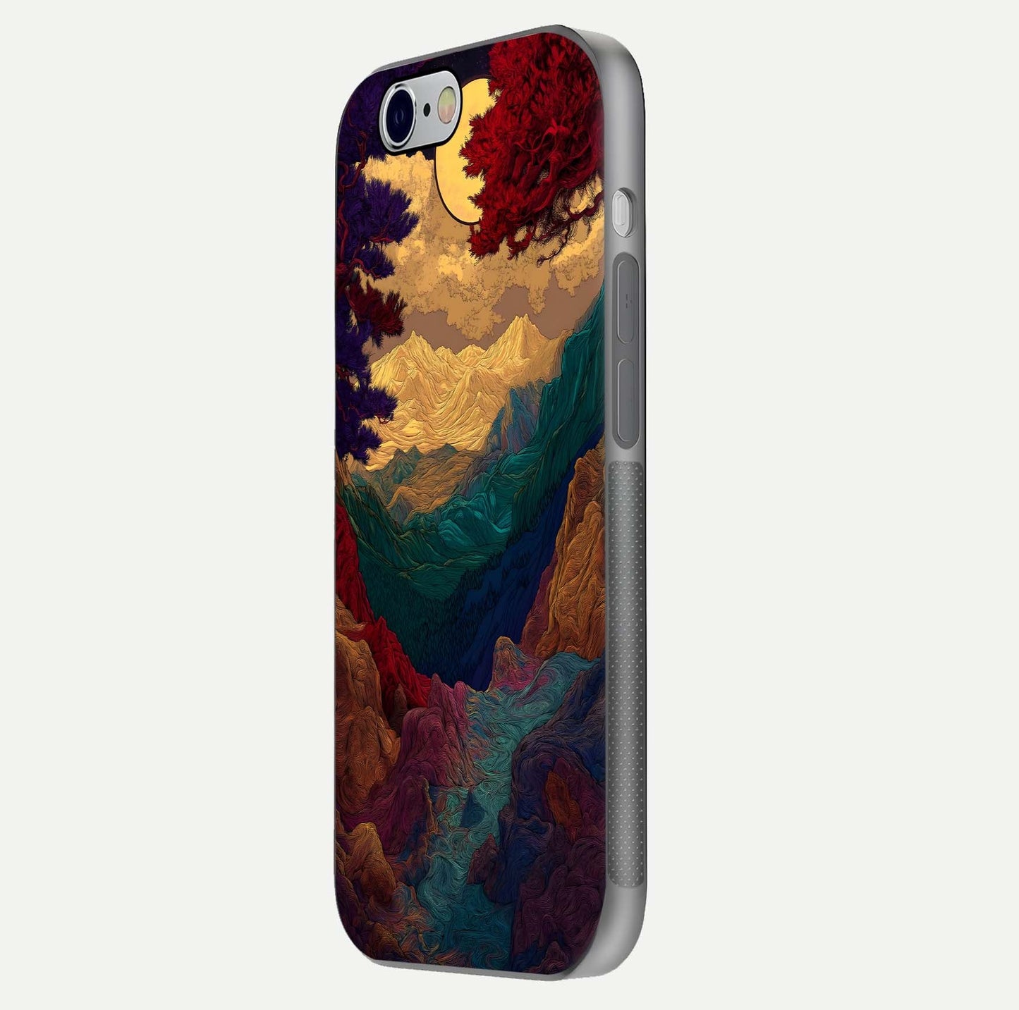 Mystic Valley Light Glass Case for iPhone 16 Pro side-angle image showing shine and peaceful hues