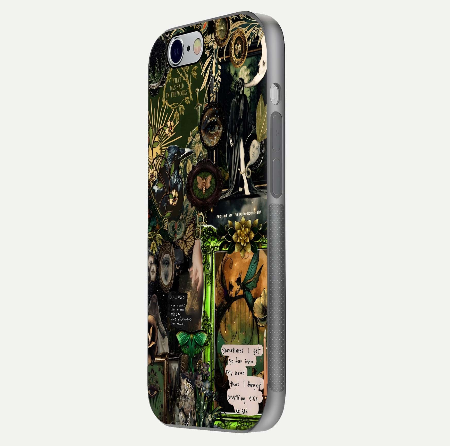 Mystic Woods Secret Glass Case for iPhone 16 Pro side-angle image showing gloss reflection and forest pattern