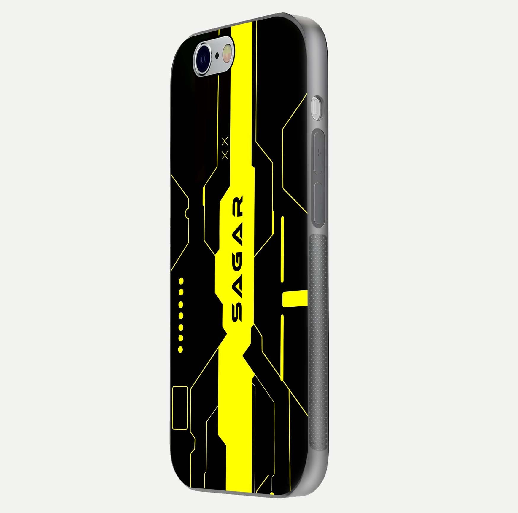 Neon CYBERPUNK Custom Name Glass Case for iPhone 16 Pro side-angle image showing glow depth and bold print
