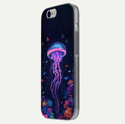 Neon Jellyfish Glass Case for iPhone 16 Pro side-angle image showing reflection and oceanic light detailing
