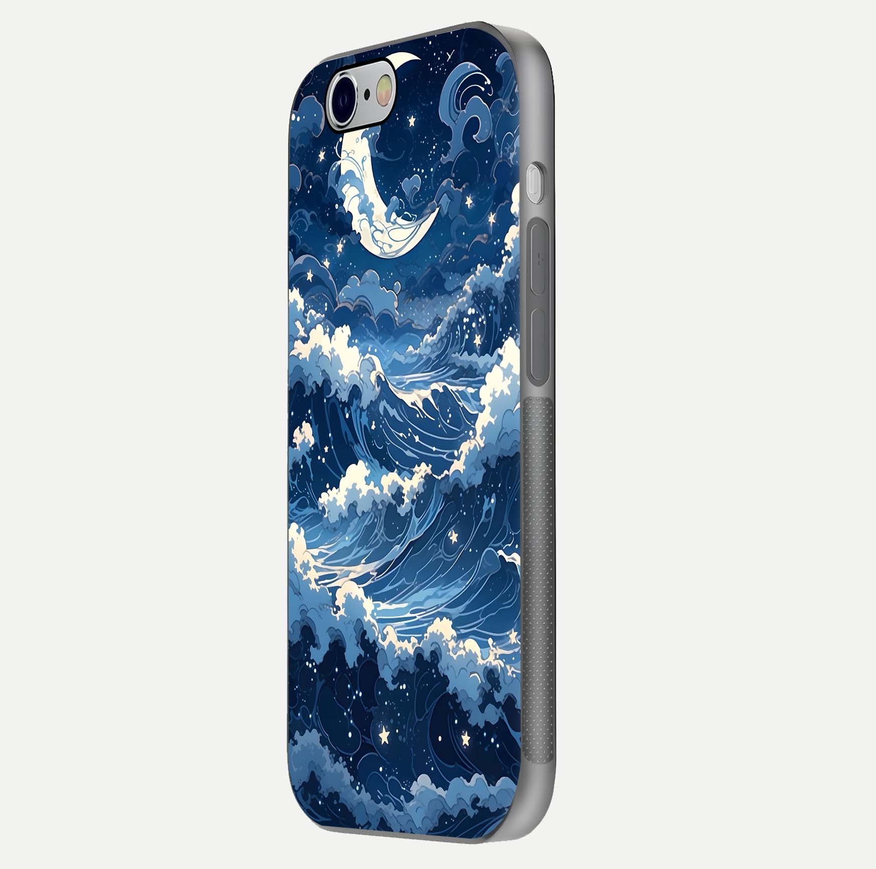 Ocean Moon Waves Glass Case for iPhone 16 Pro side-angle image showing shine and ocean gradient tones