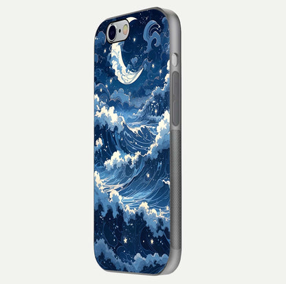 Ocean Moon Waves Glass Case for iPhone 16 Pro side-angle image showing shine and ocean gradient tones