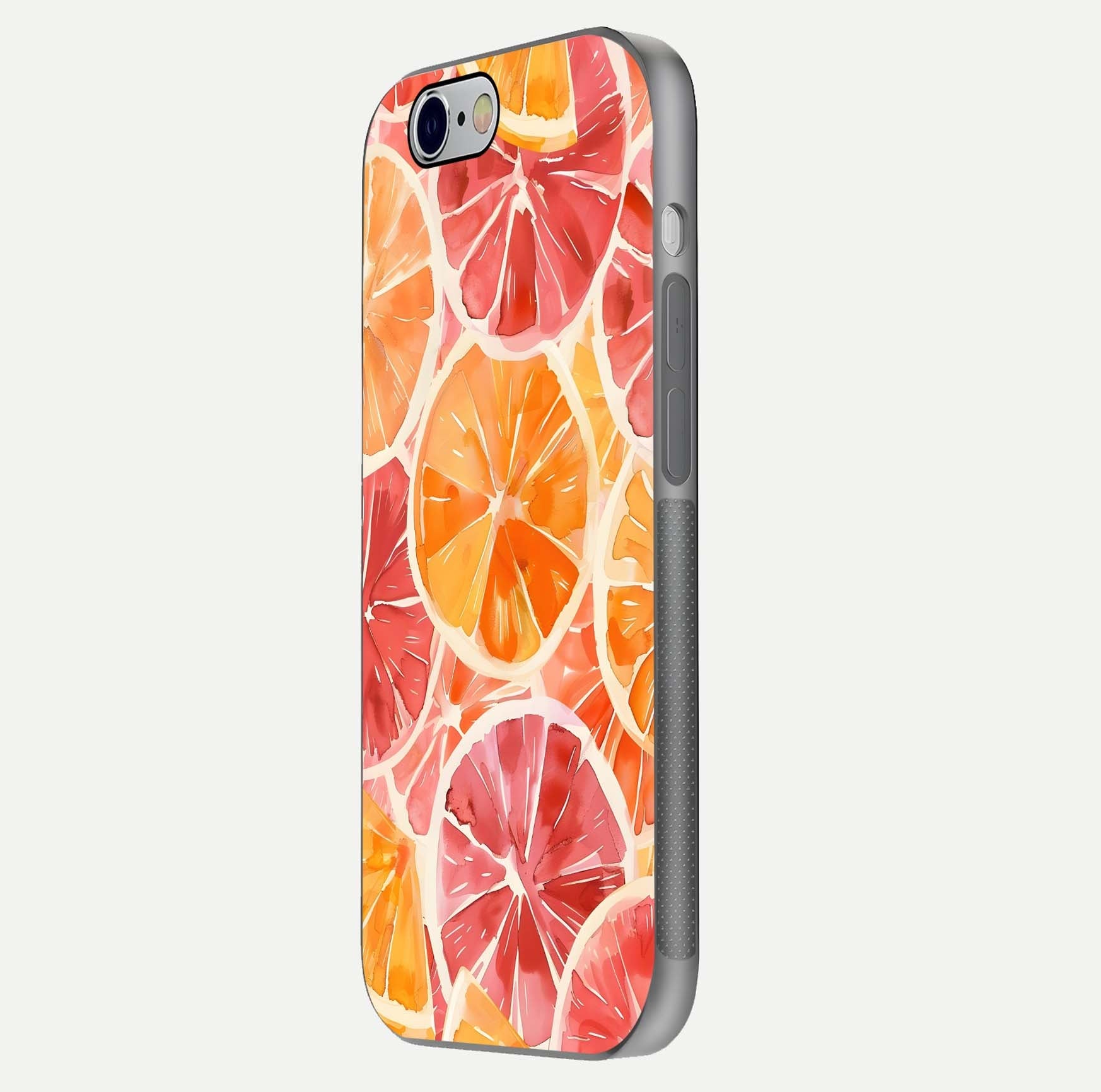 Orange Fruits Pattern Glass Case for iPhone 16 Pro side-angle image showing glossy shine and citrus pattern