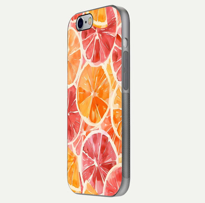 Orange Fruits Pattern Glass Case for iPhone 16 Pro side-angle image showing glossy shine and citrus pattern