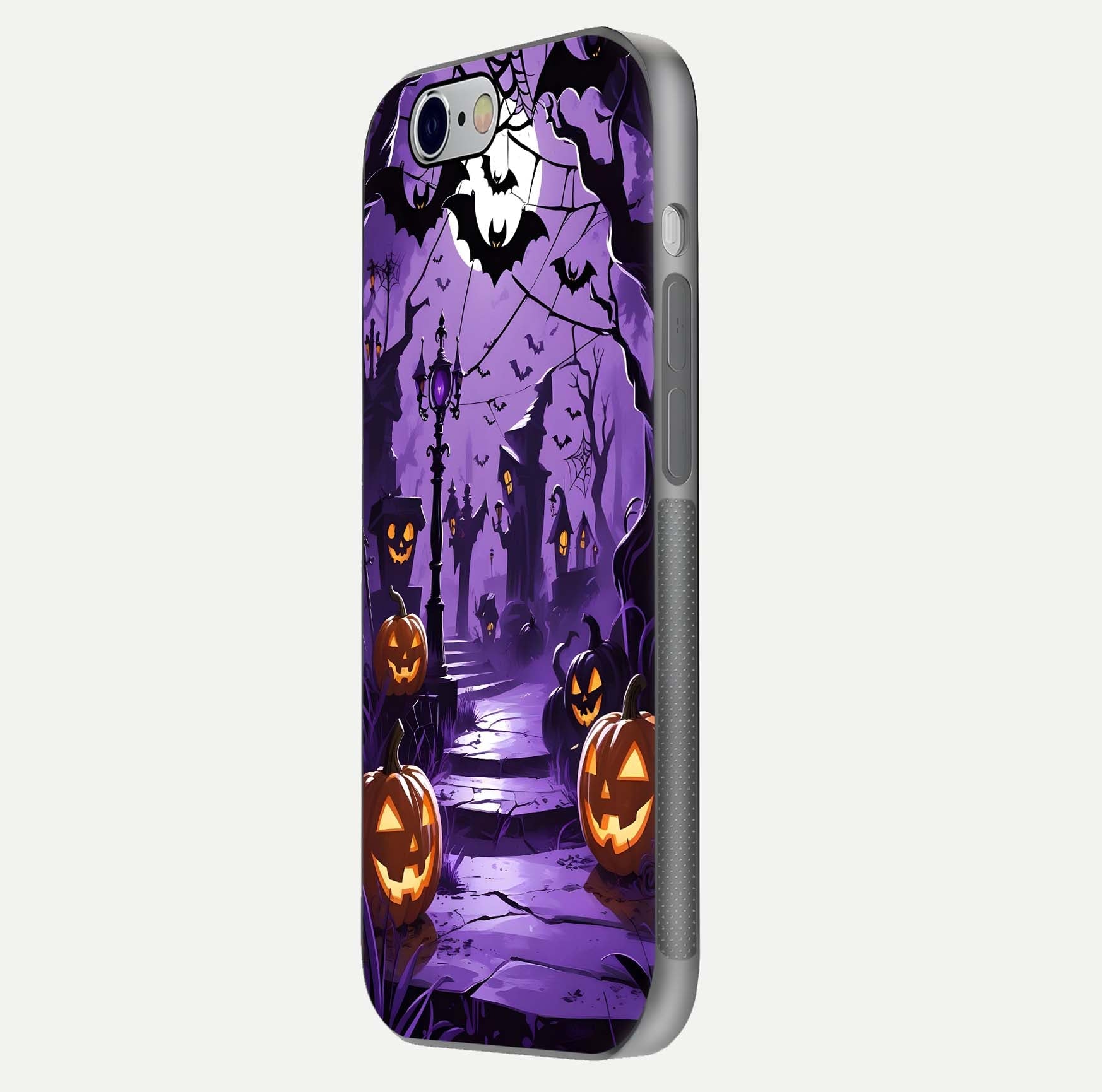 Pumpkin Patch Halloween Glass Case for iPhone 16 Pro side-angle image showing shine, camera cutout, and spooky art