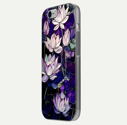 Purple Lotus Pattern Glass Case for iPhone 16 Pro side-angle image showing reflection depth and lotus detail