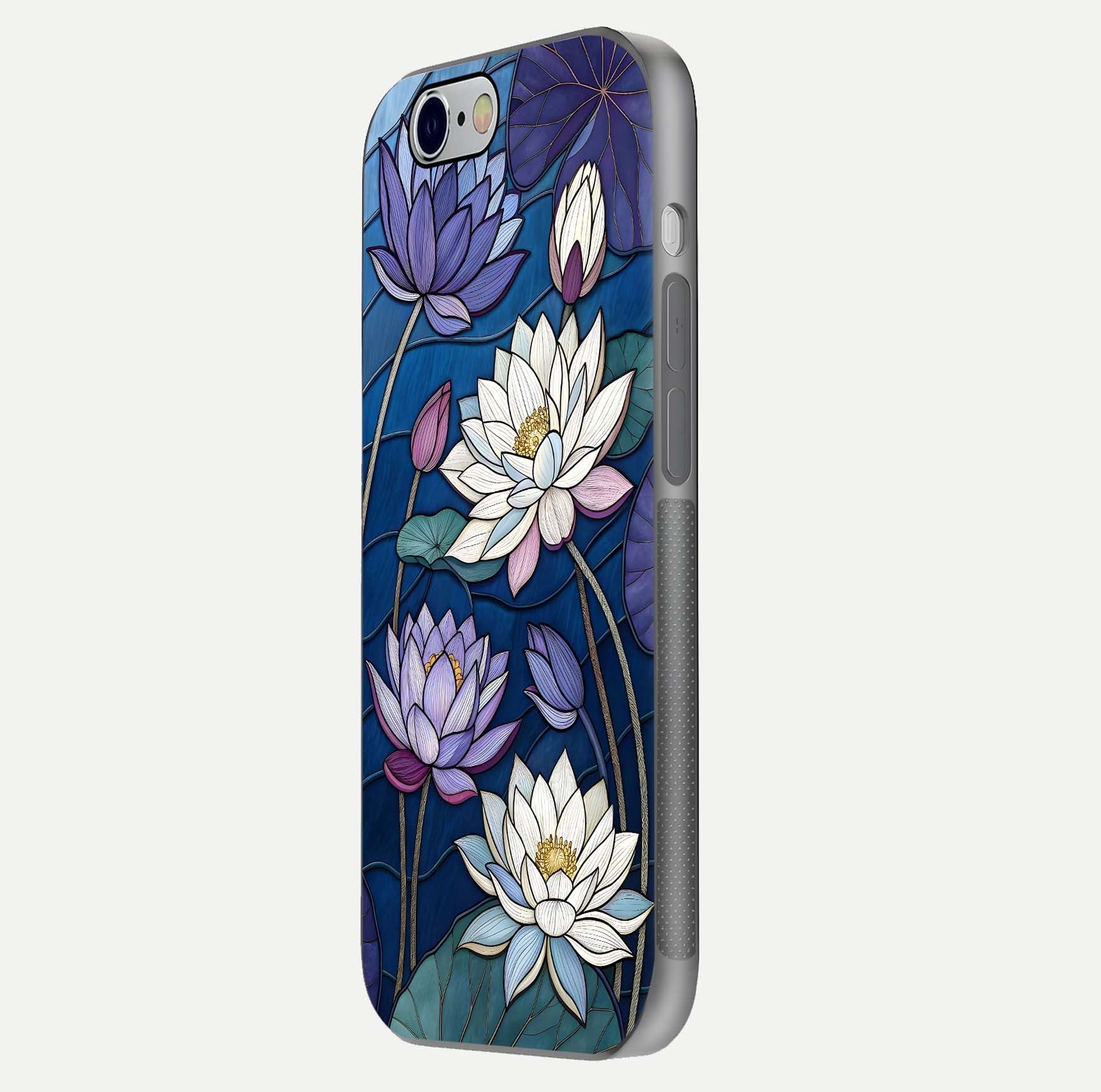Purple Lotus Stained Glass Case for iPhone 16 Pro side-angle image showing gloss, reflection, and intricate detailing