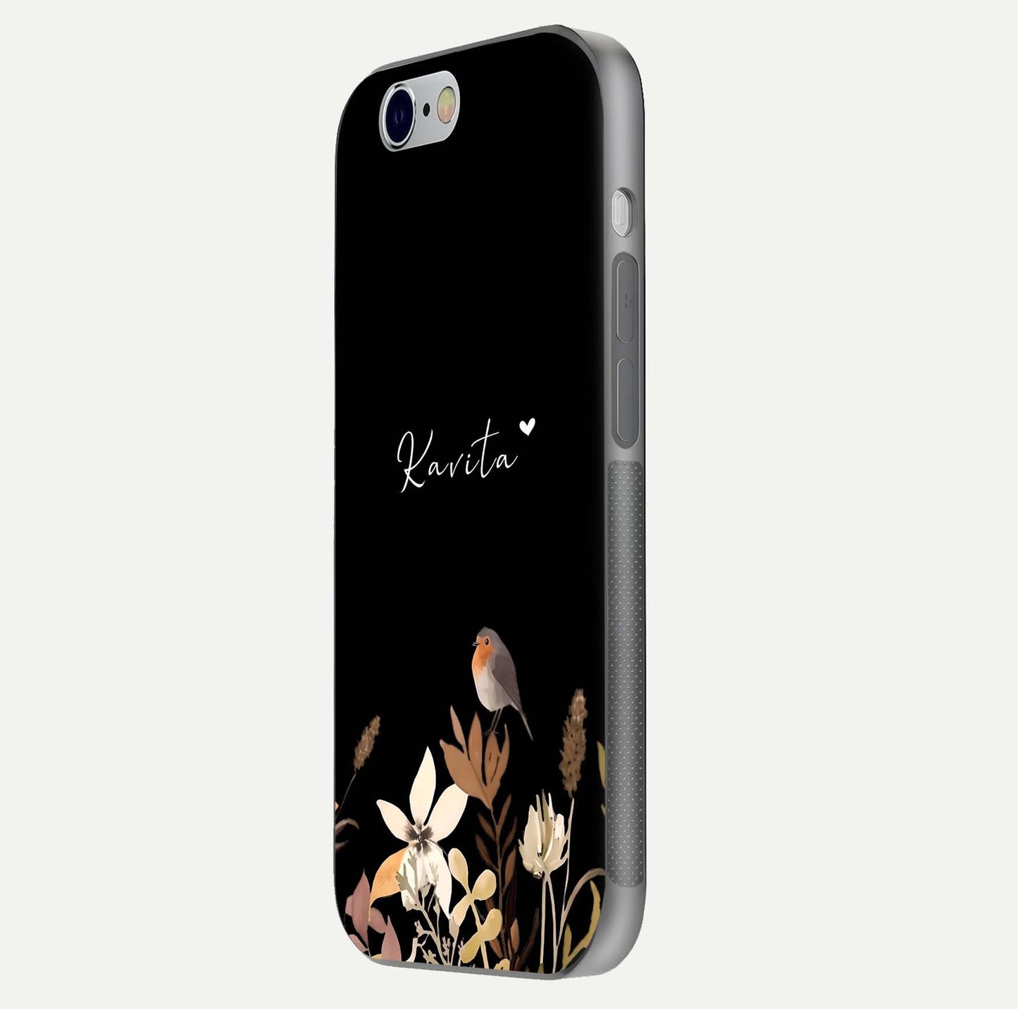 Quiet Garden Tune Custom Name Glass Case for iPhone 16 Pro side-angle image showing reflection and floral design