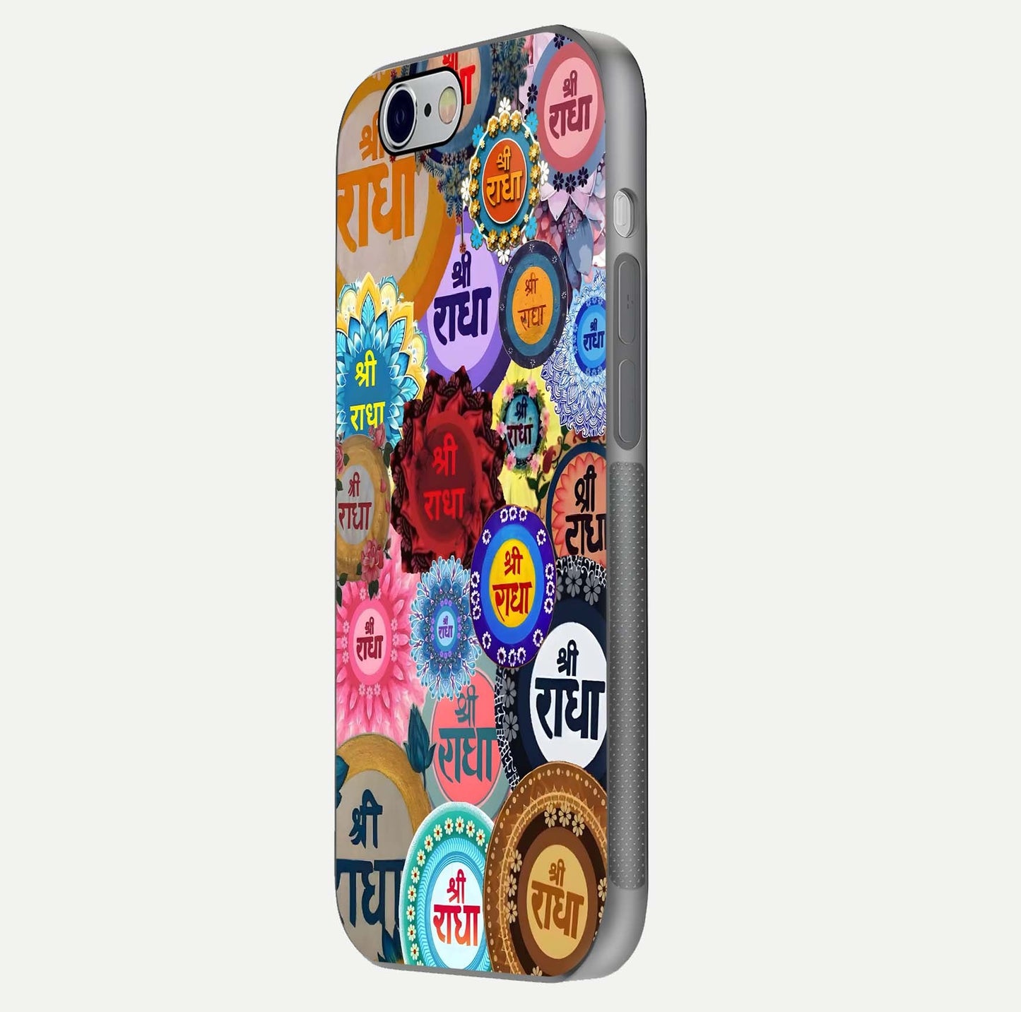Radha Divine Bloom Glass Case for iPhone 16 Pro side-angle image showing shine, reflection, and floral motif