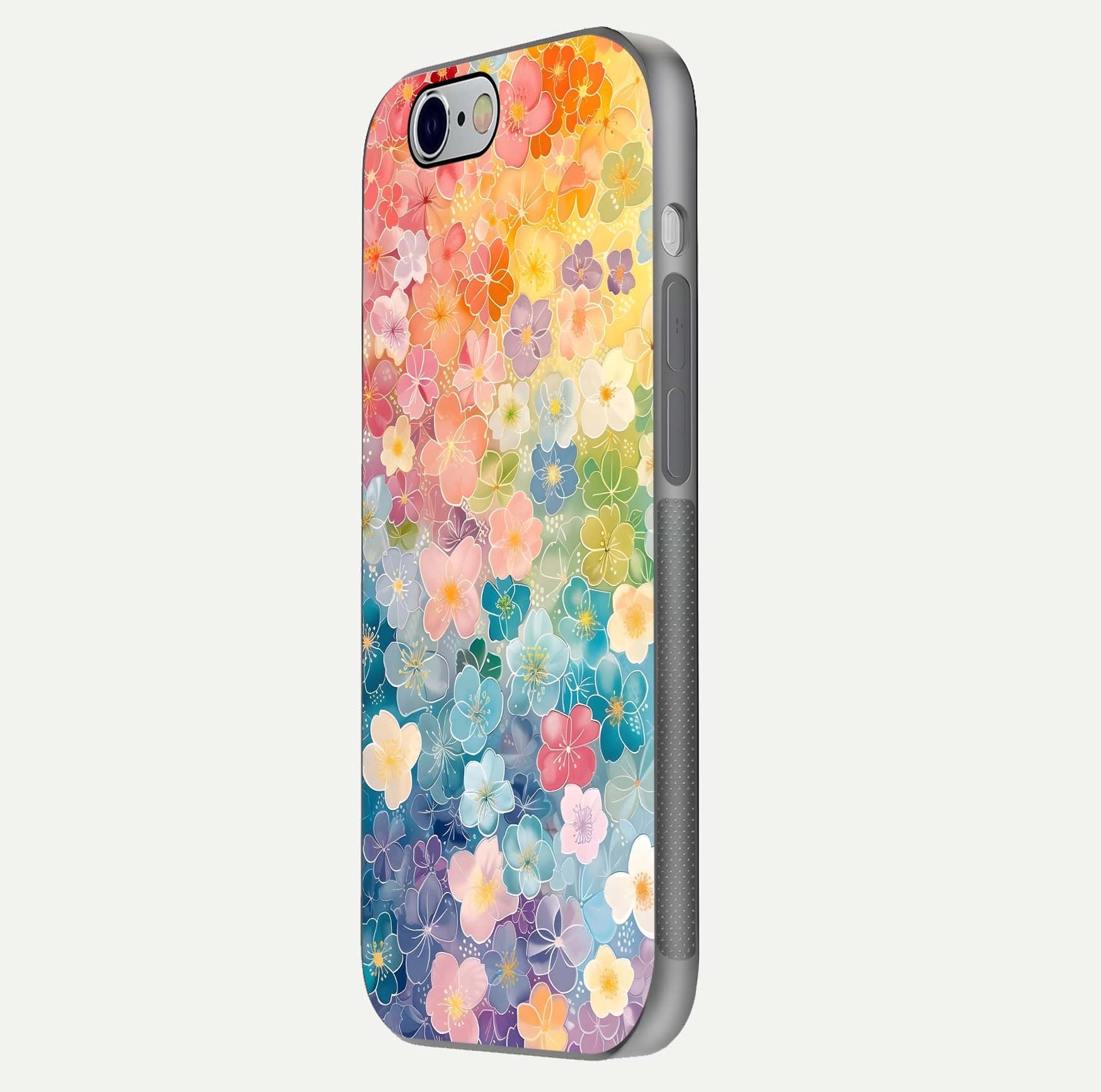 Rainbow Blossom Burst Glass Case for iPhone 16 Pro side-angle image showing reflection and floral burst detail