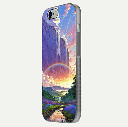 Rainbow Valley Dream Glass Case for iPhone 16 Pro side-angle image showing light reflection and scenic tones