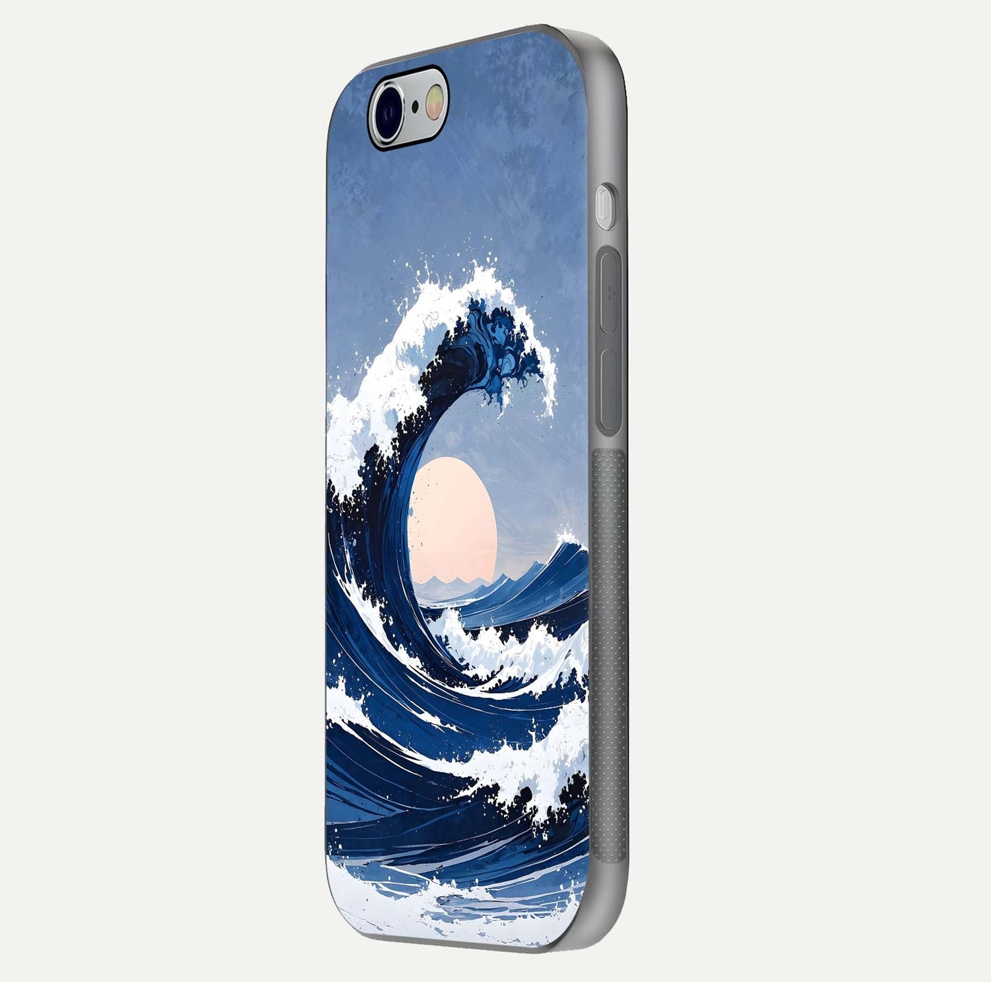 Rising Tide Power Glass Case for iPhone 16 Pro side-angle image showing shine and detailed ocean art