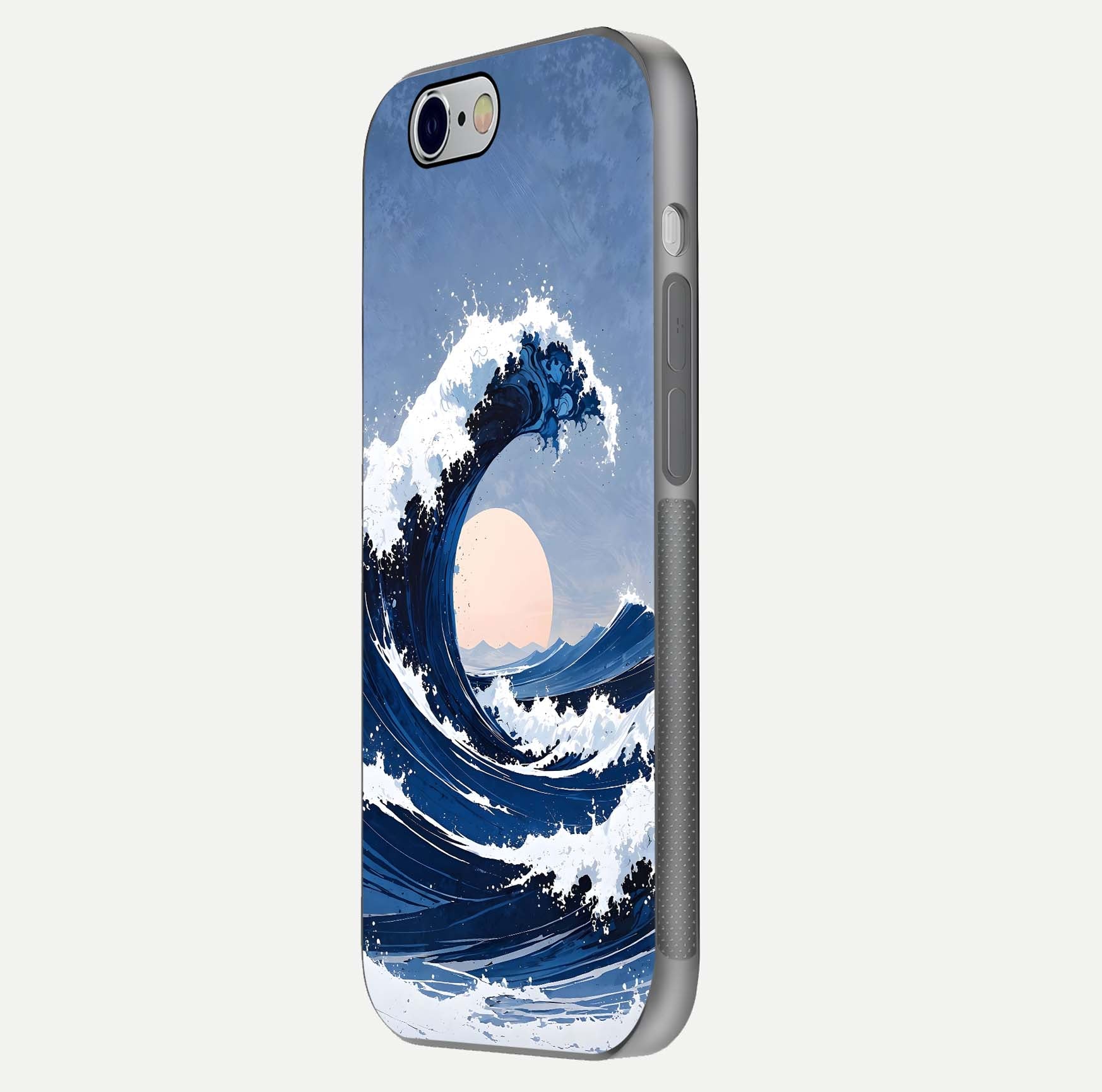 Rising Tide Power Glass Case for iPhone 16 Pro side-angle image showing shine and detailed ocean art