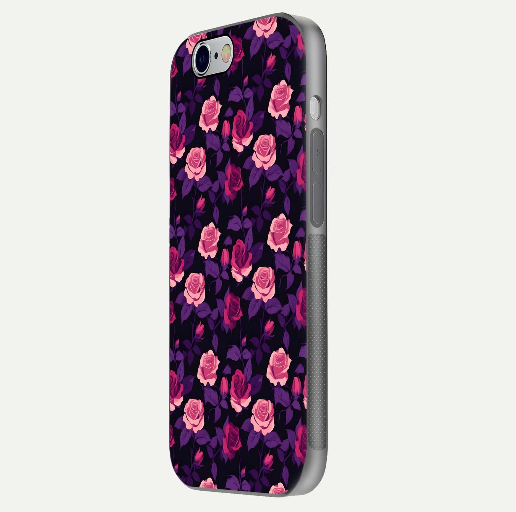 Rose Garden Twilight Glass Case for iPhone 16 Pro side-angle image showing reflection, gloss, and floral detail