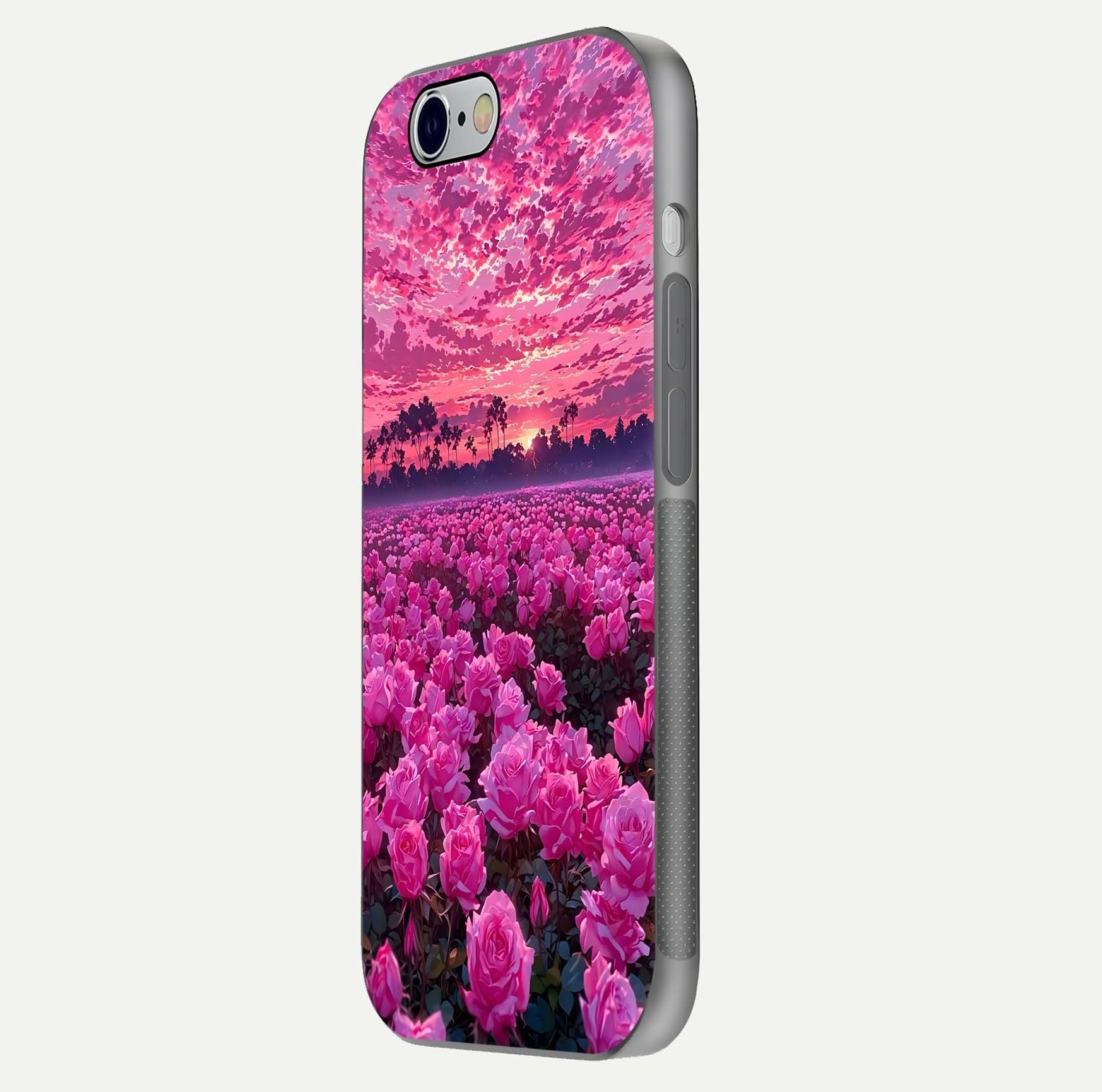 Rose Sunset Valley Glass Case for iPhone 16 Pro side-angle image showing smooth edges and floral glow