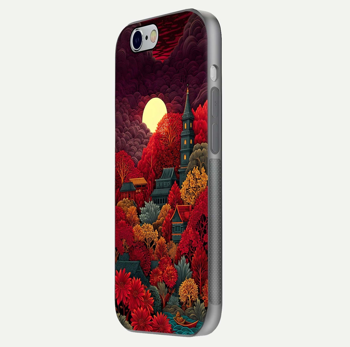 Scarlet Autumn Temple Glass Case for iPhone 16 Pro side-angle image showing color depth and reflection clarity