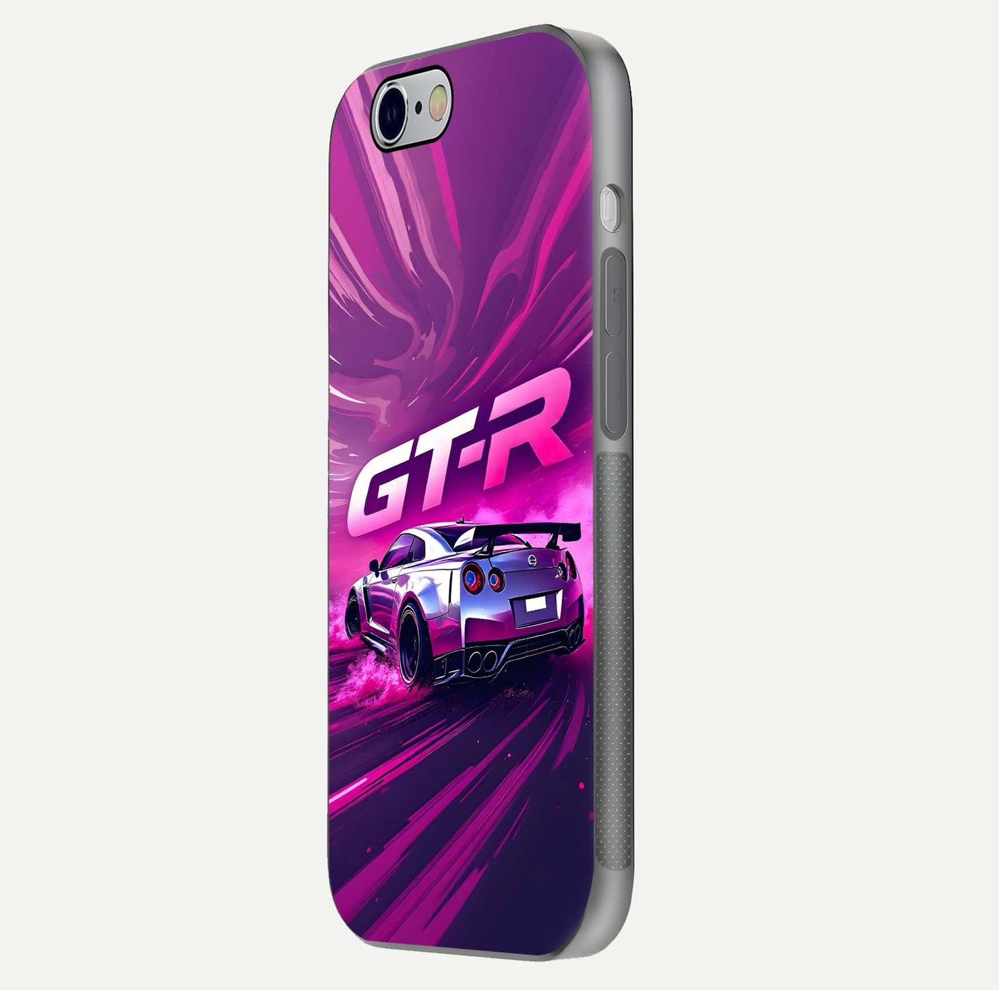 Speed Drift Legend Glass Case for iPhone 16 Pro side-angle image showing car print reflection and surface gloss