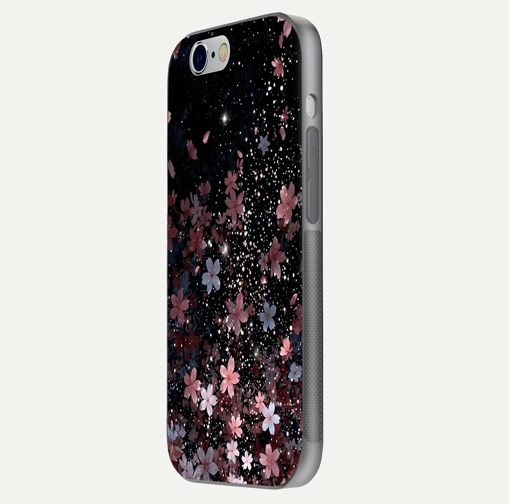 Starlit Flower Dreams Glass Case for iPhone 16 Pro side-angle image showing shine, edge detail, and floral contrast