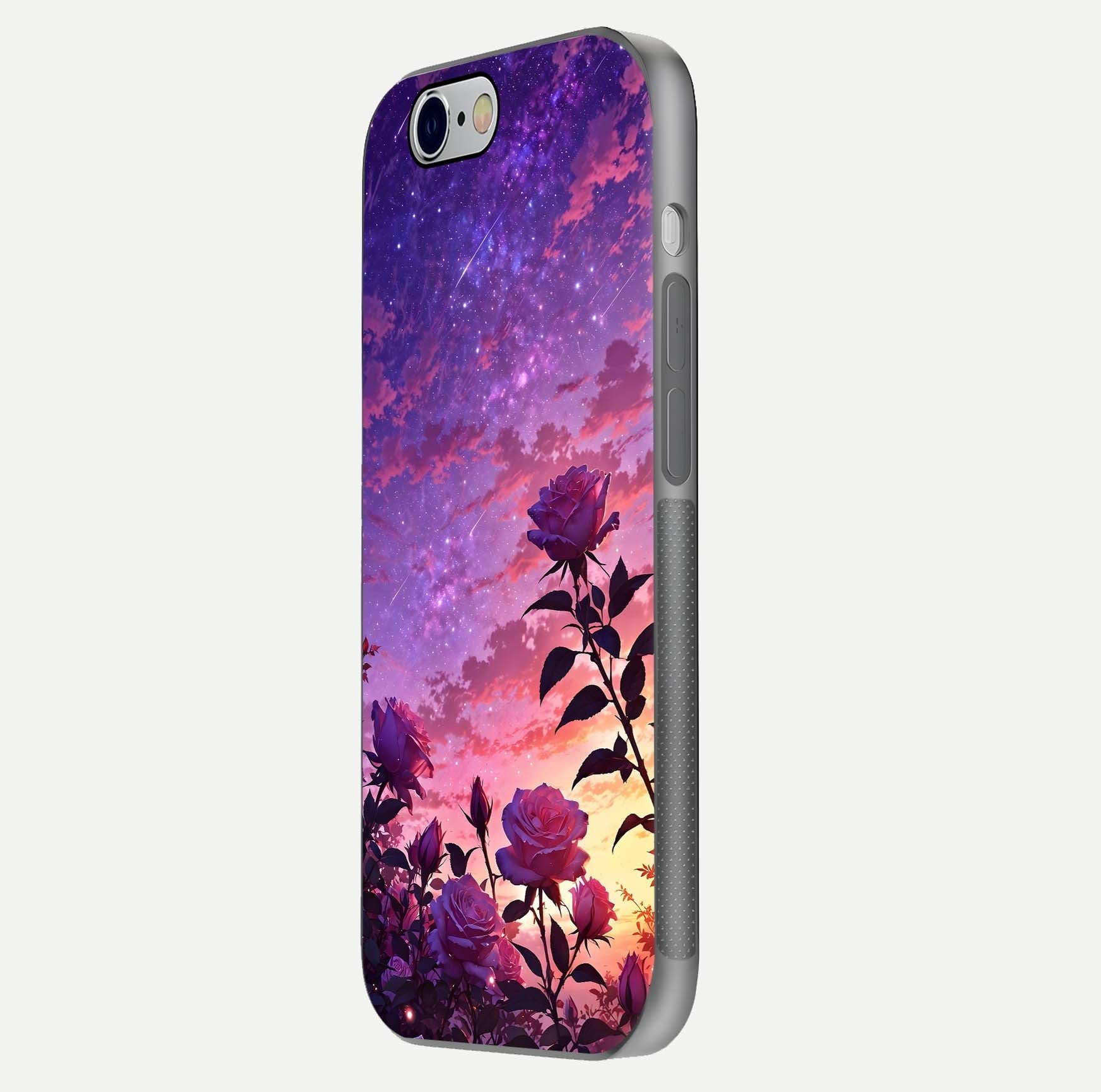 Starlit Rose Twilight Glass Case for iPhone 16 Pro side-angle image showing reflection and petal contrast