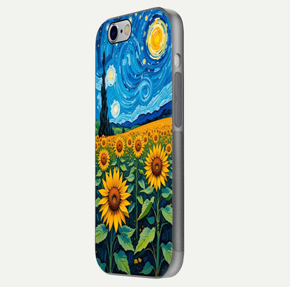 Starry Sunflower Dreams Glass Case for iPhone 16 Pro side-angle image showing reflection, stars, and yellow tone