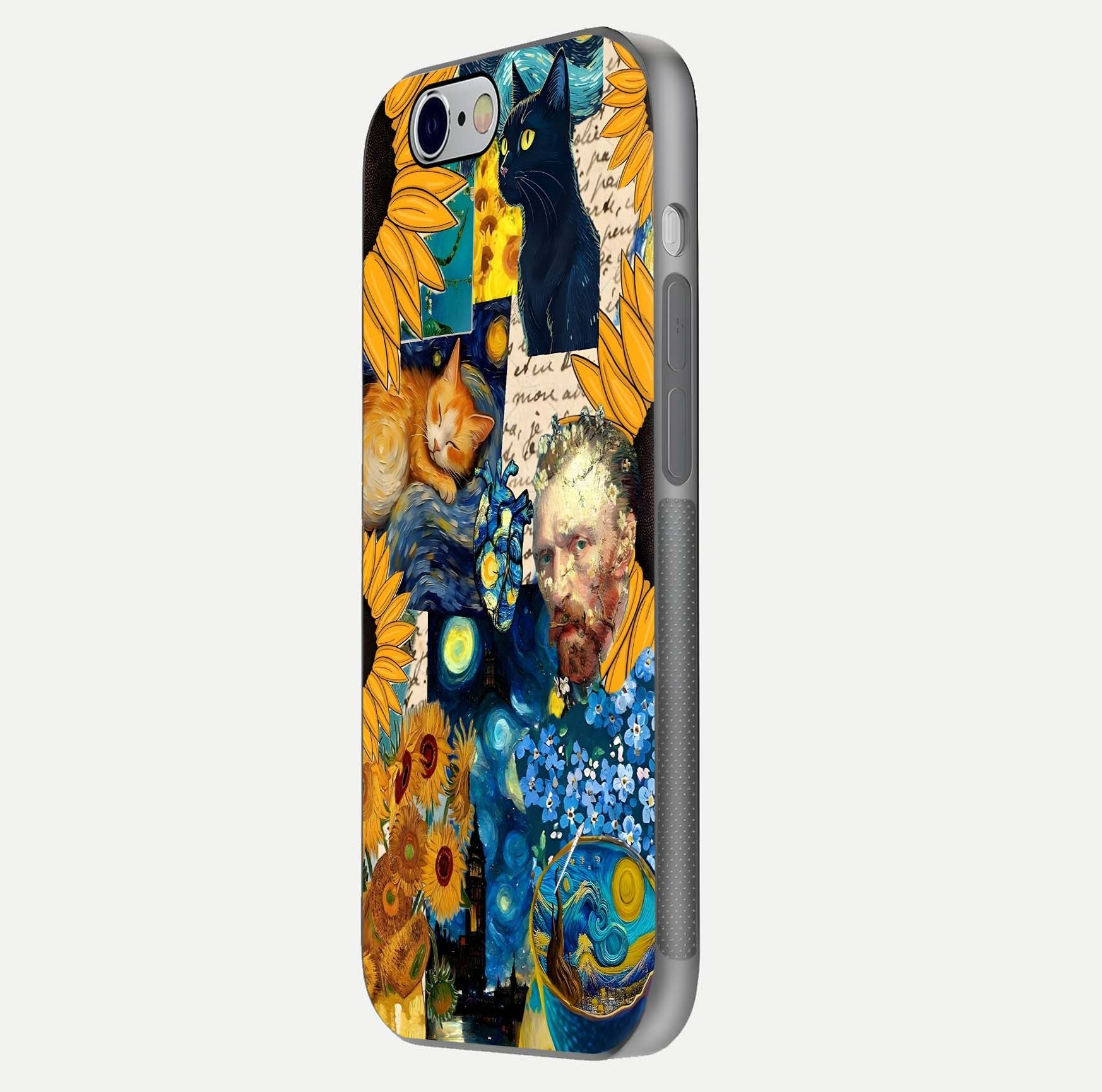 Sunflower Cat Art Glass Case for iPhone 16 Pro side-angle image showing shine, edges, and sunflower texture