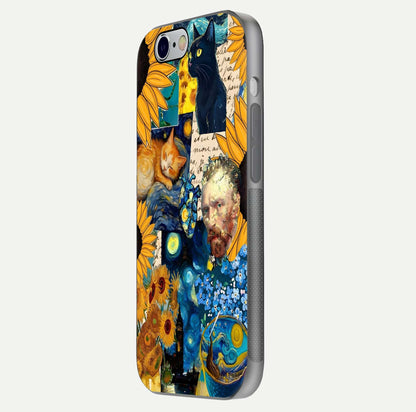 Sunflower Cat Art Glass Case for iPhone 16 Pro side-angle image showing shine, edges, and sunflower texture
