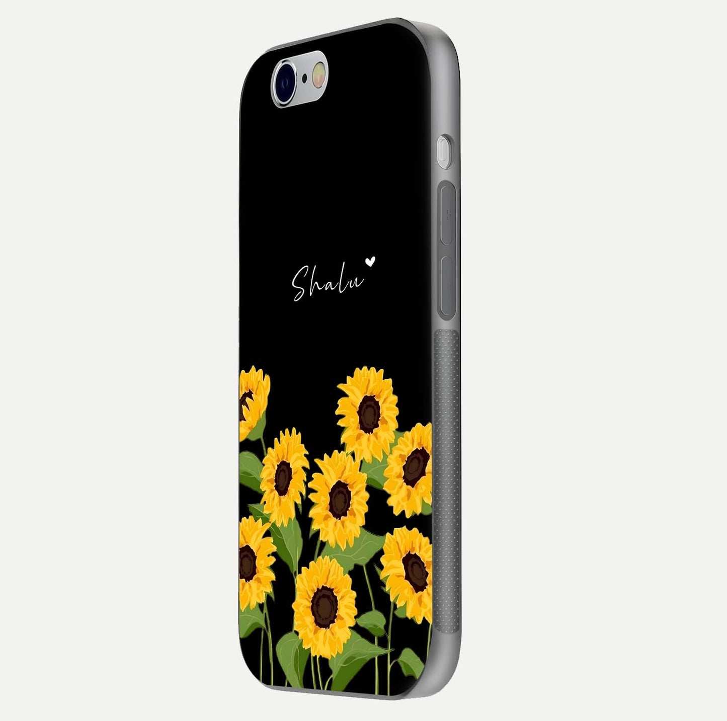Sunflower Chic Mood Custom Name Glass Case for iPhone 16 Pro side-angle image showing reflection and yellow floral tone