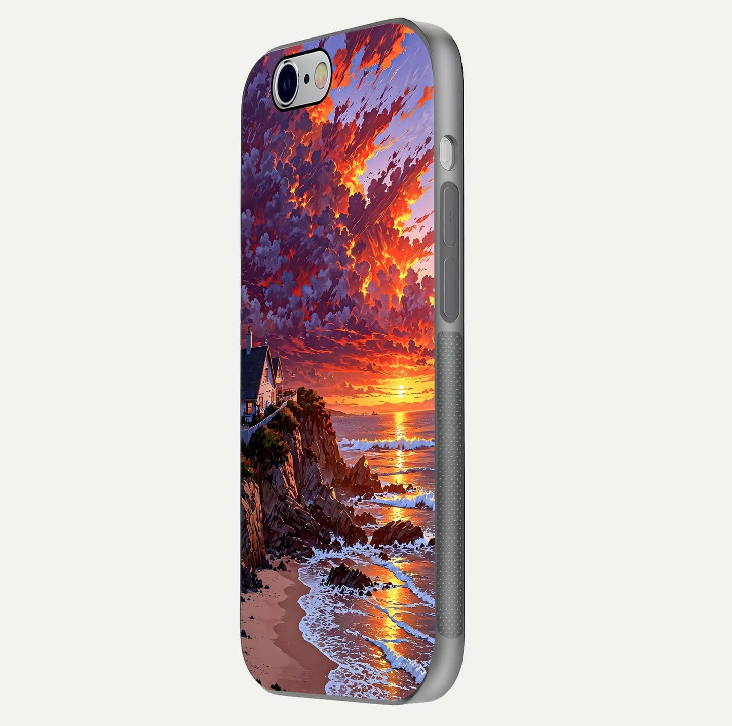 Sunset House by Sea Glass Case for iPhone 16 Pro side-angle image showing reflection and seaside color tone
