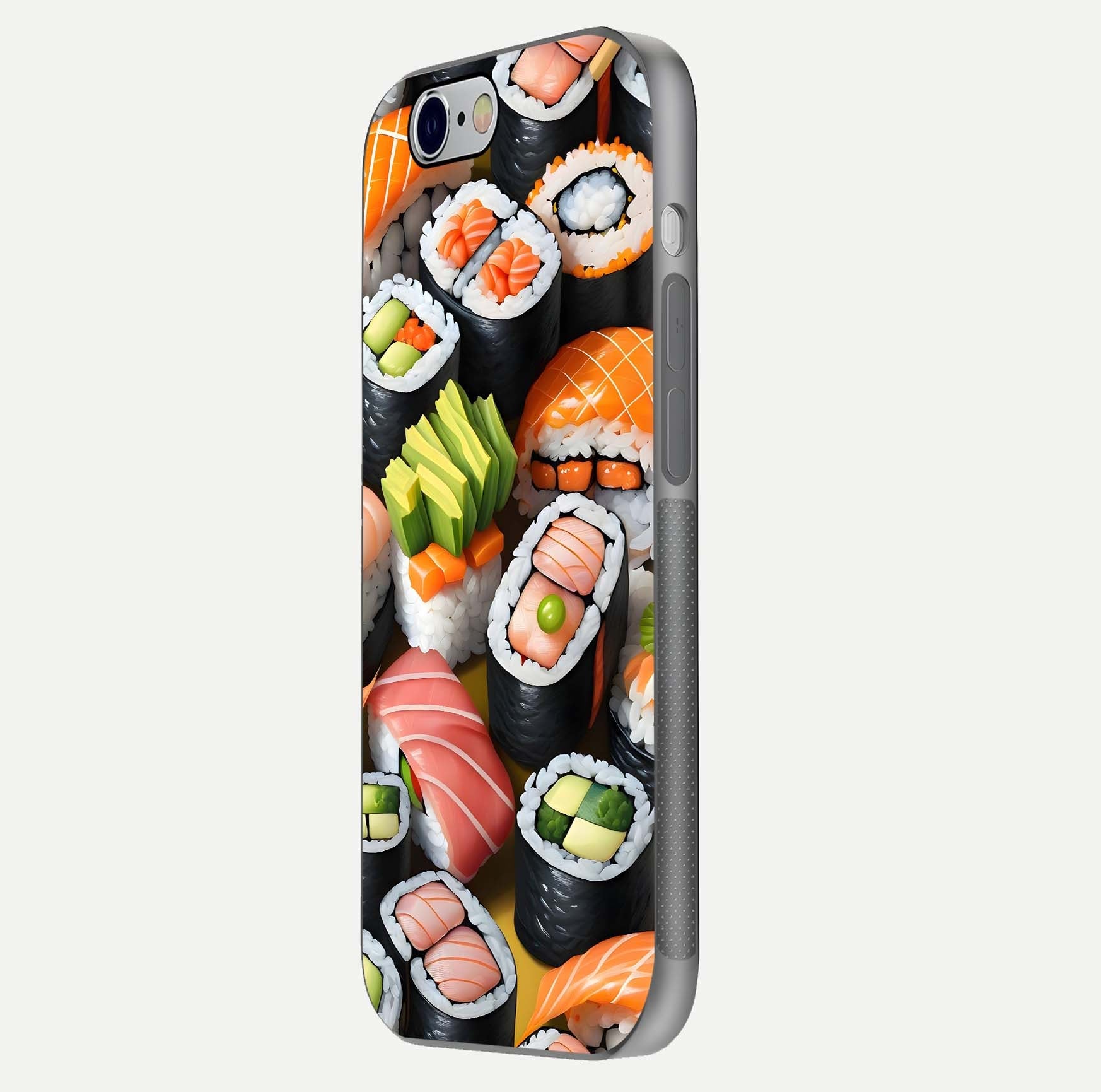 Sushi Food Pattern Glass Case for iPhone 16 Pro side-angle image showing shine, gloss, and sushi artwork