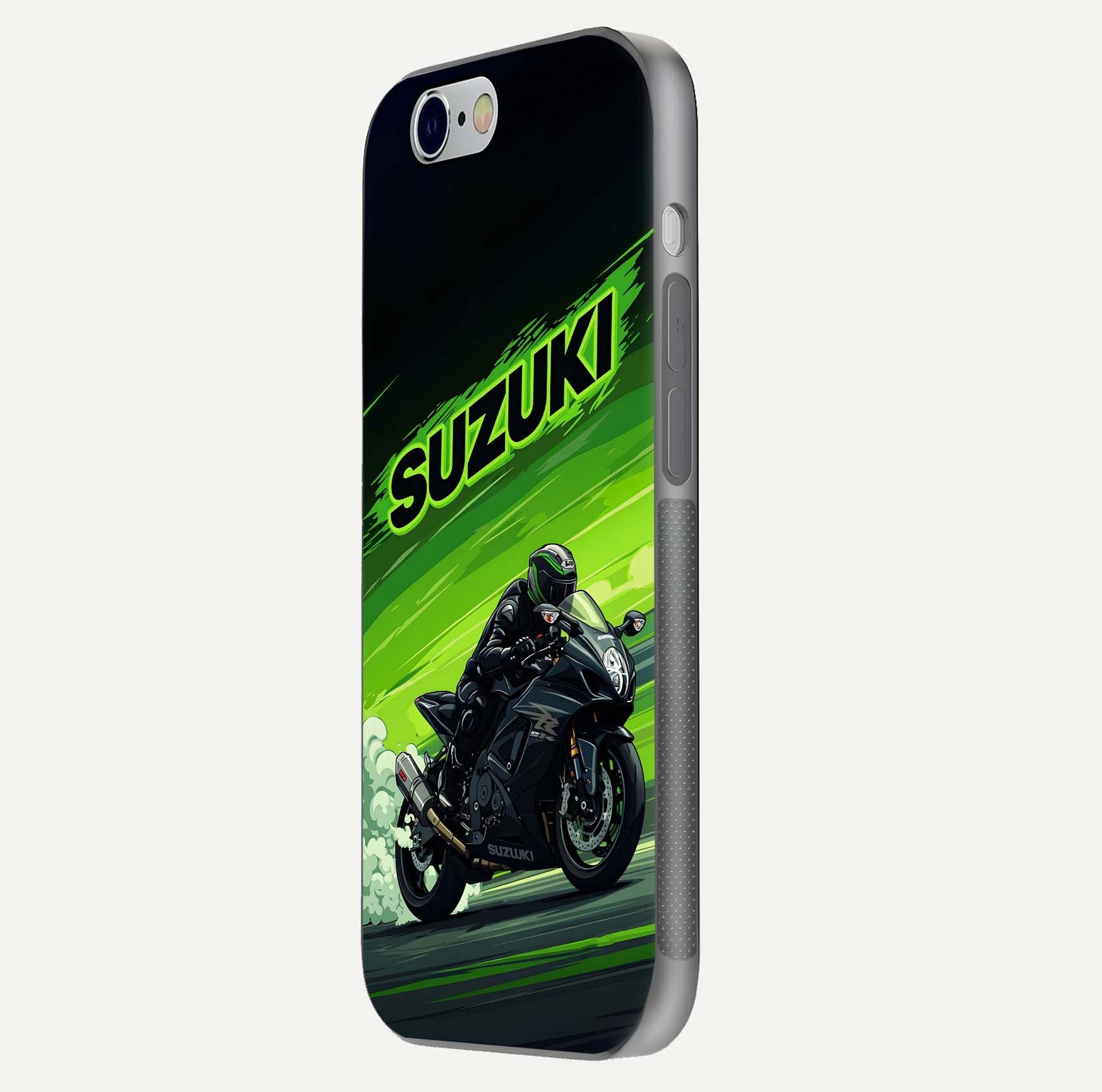 Suzuki Speed Beast Glass Case for iPhone 16 Pro side-angle image showing reflection, gloss, and car detailing