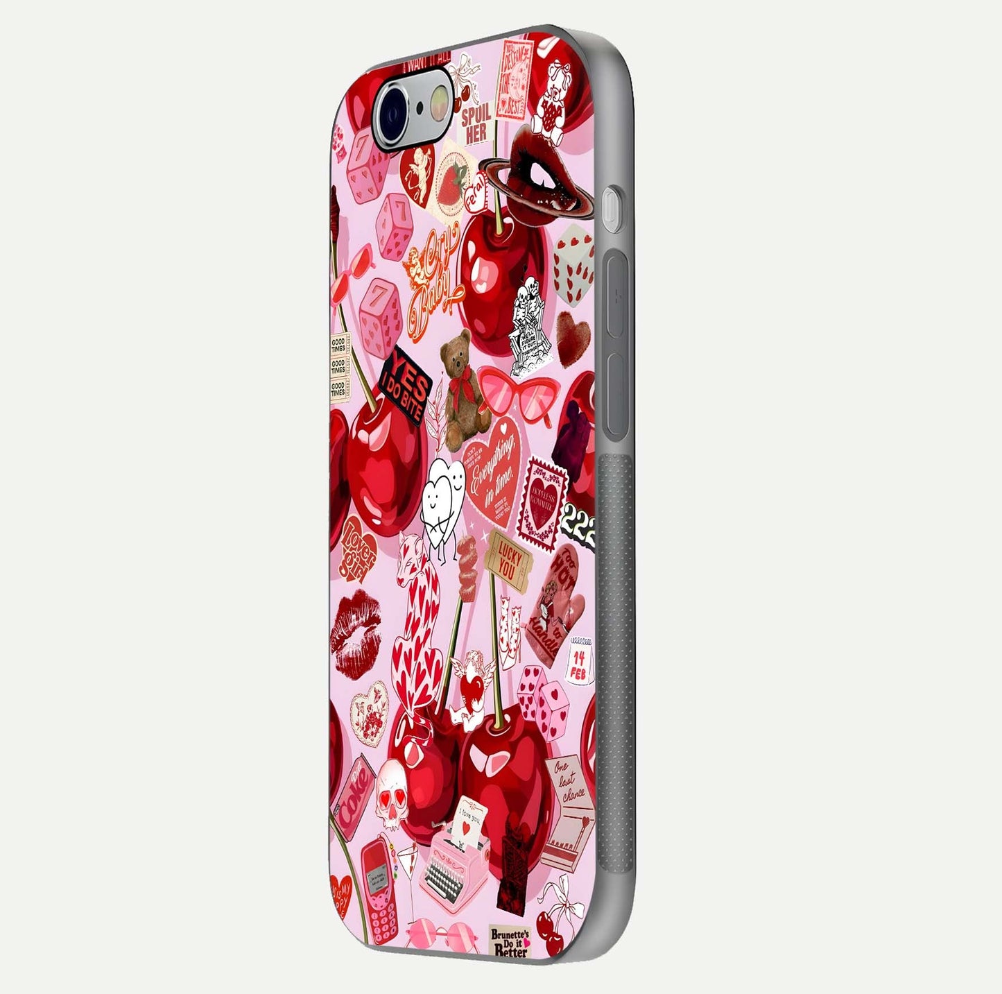 Sweet Cherry Chaos Glass Case for iPhone 16 Pro side-angle image showing shine, gloss, and cherry details