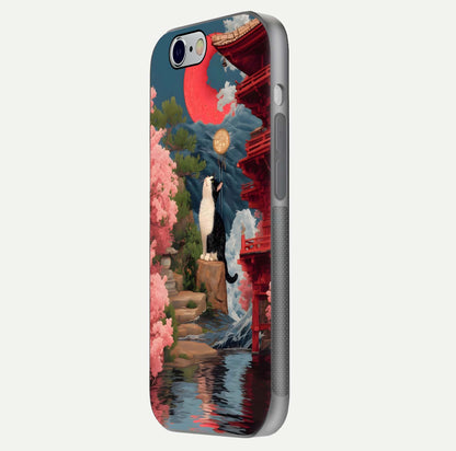 Temple Cat Scenery Glass Case for iPhone 16 Pro side-angle image showing shine and printed temple pattern