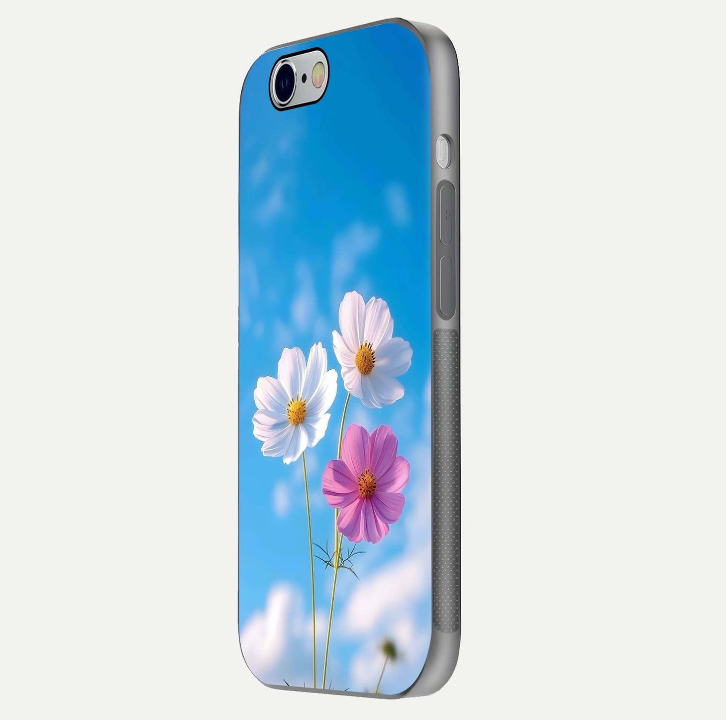 Triple Flowers With Sky Glass Case for iPhone 16 Pro side-angle image showing gloss, texture, and floral design