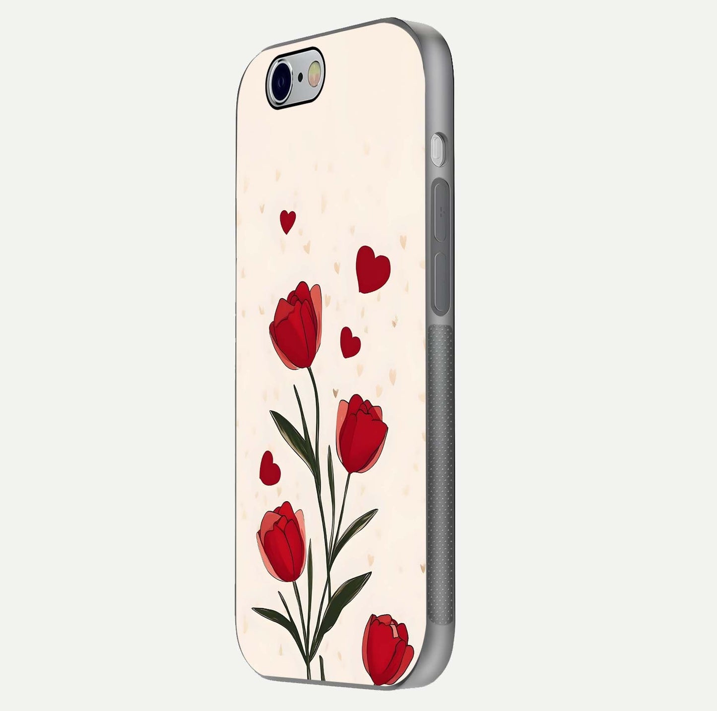Tulip With Heart Glass Case for iPhone 16 Pro side-angle image showing floral reflection and subtle gradient