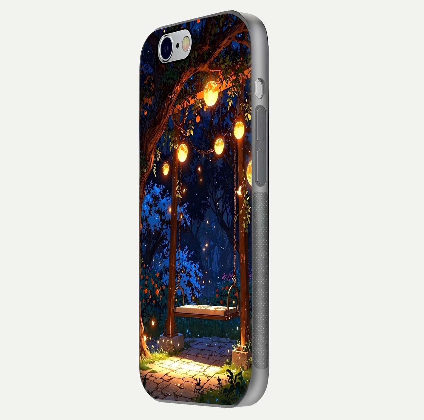 Twilight Garden Swing Glass Case for iPhone 16 Pro side-angle image showing reflection, gloss, and scenic depth