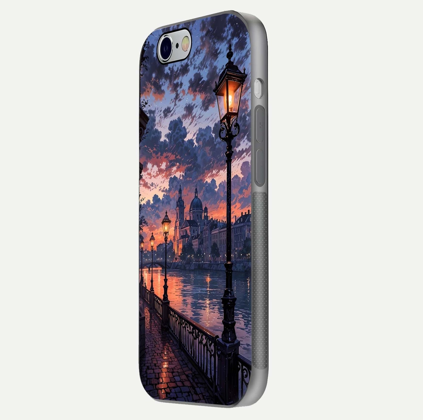 Twilight River Lights Glass Case for iPhone 16 Pro side-angle image showing reflections, lighting, and gradient tones