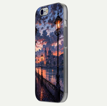 Twilight River Lights Glass Case for iPhone 16 Pro side-angle image showing reflections, lighting, and gradient tones