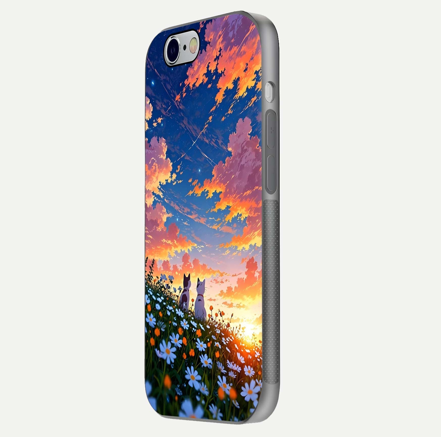 Two Cats Friends Glass Case for iPhone 16 Pro side-angle image showing reflection, gloss, and color depth