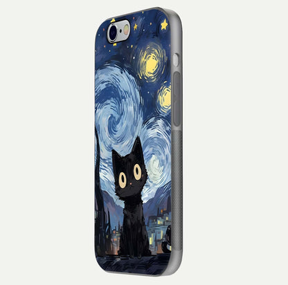 Van Gogh Cat Glass Case for iPhone 16 Pro side-angle image showing light reflection and vivid artwork