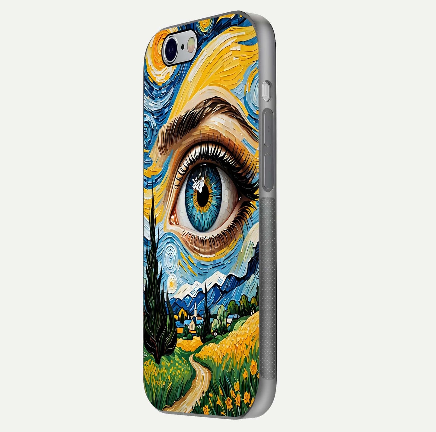 Van Gogh Eye Glass Case for iPhone 16 Pro side-angle image showing reflection, gloss, and artistic contrast