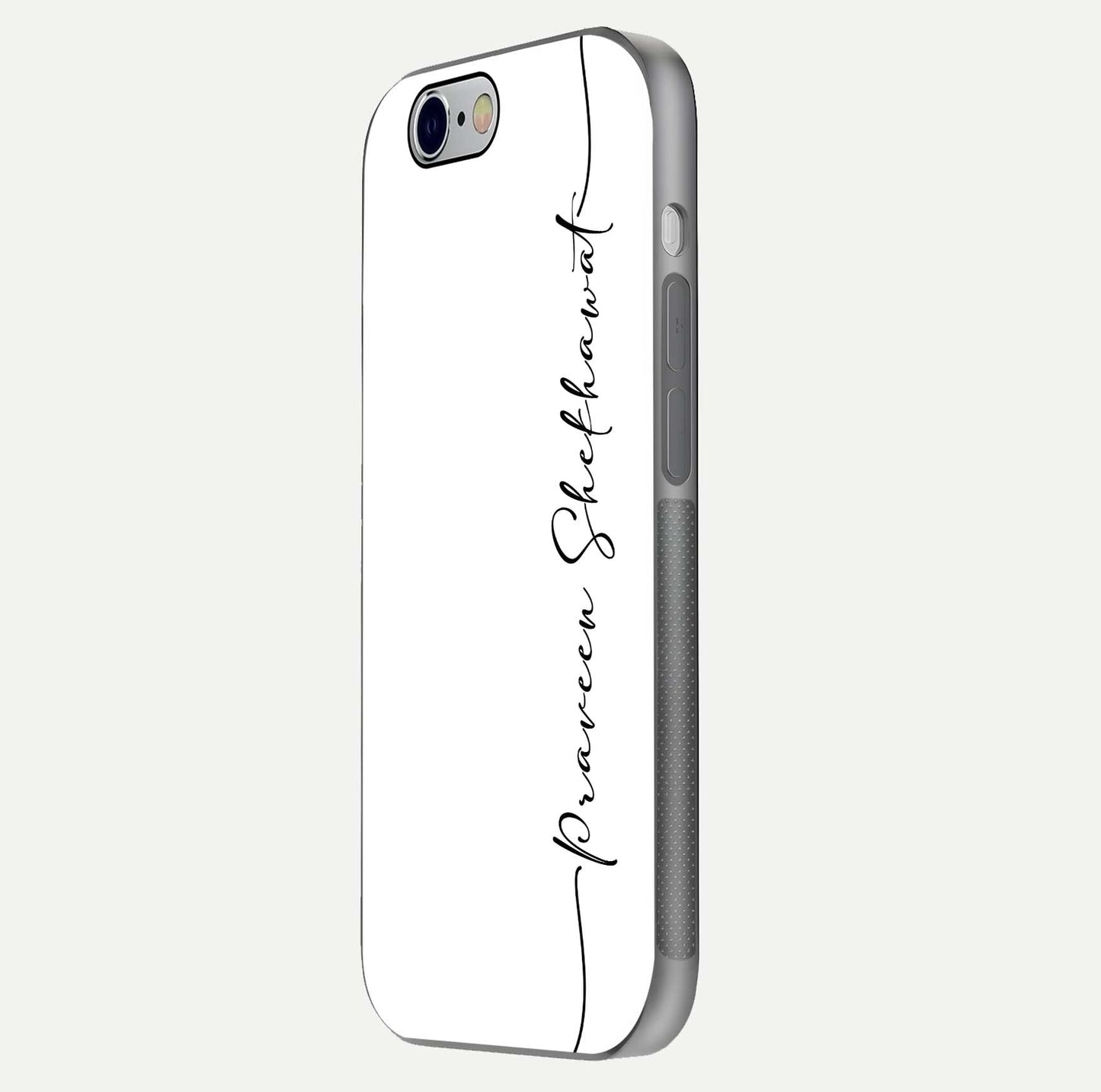 White Tune Custom Name Glass Case for iPhone 16 Pro side-angle image showing shine, gloss, and minimal tone