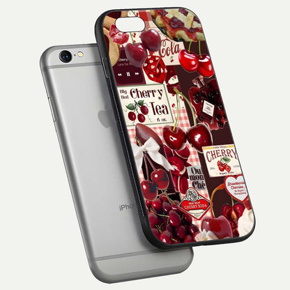 Aesthetic Cherry Tea Glass Case for iPhone 16 Pro floating dual-view mockup showing edge design and detailed cherry pattern gloss texture