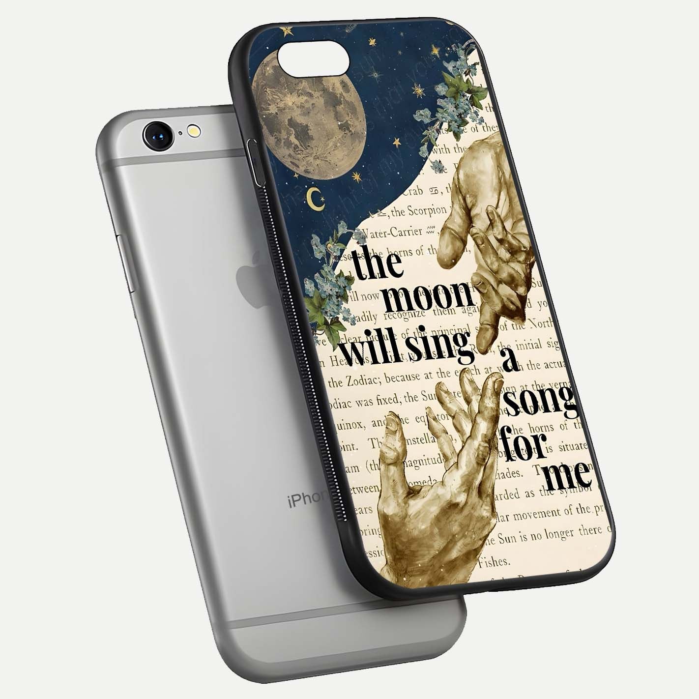 Aesthetic Divine Glass Case for iPhone 16 Pro floating dual-view mockup showing edge design and divine art gloss texture